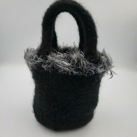 Handcrafted Small Tote Black and Gray Purse Hand Bag Wool Felt Artisanal 10" - Picture 2 of 11
